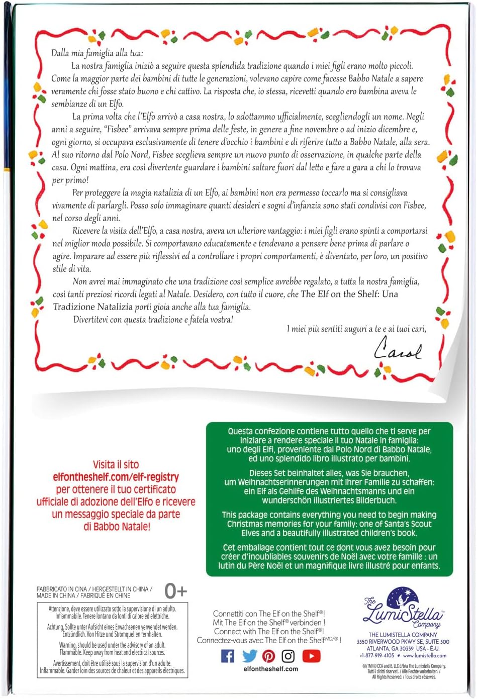 Elf On The Shelf_ lingua italiana, con libro illustrato, scatola dei ricordi e certificato ufficiale di adozione